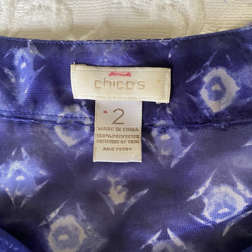 Chicos L Sheer Blue Artsy Sequin V-neck 3/4 Sleeve Tunic Blouse Boho Festival - Picture 9 of 13